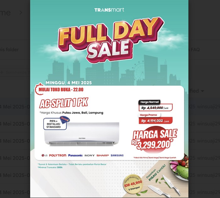 Borong AC Split 1 PK Hemat Jutaan, Transmart Full Day Sale!