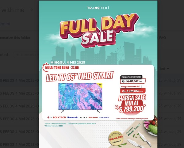 Rebut Smart TV UHD 65 Inch Murah, Transmart Full Day Sale!